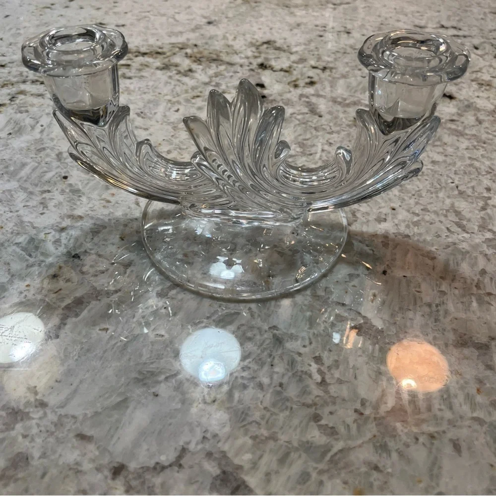 Fostoria double candle holder in Navarre pattern etched glass. Set of 2. - Picture 6 of 10